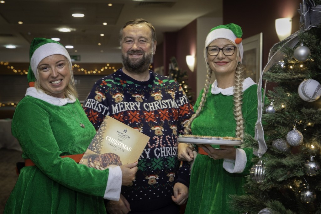 A man in a Merry Christmas reindeer jumper stands between two women dressed as elves, one holding a Harlech Foodservice Christmas brochure and the other a tray of mince pies, beside a Christmas tree
