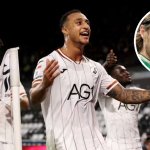 Swansea City striker Adam Idah celebrating, with Republic of Ireland midfielder Jeff Hendrick inset