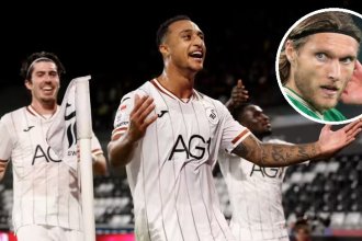 Swansea City striker Adam Idah celebrating, with Republic of Ireland midfielder Jeff Hendrick inset