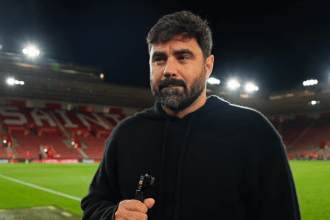 Swansea City head coach Vitor Matos speaking at his post-match press conference after the defeat at Southampton