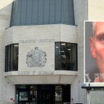 Composite image of Swansea Crown Court with an inset South Wales Police custody photograph of Kevin Harmon