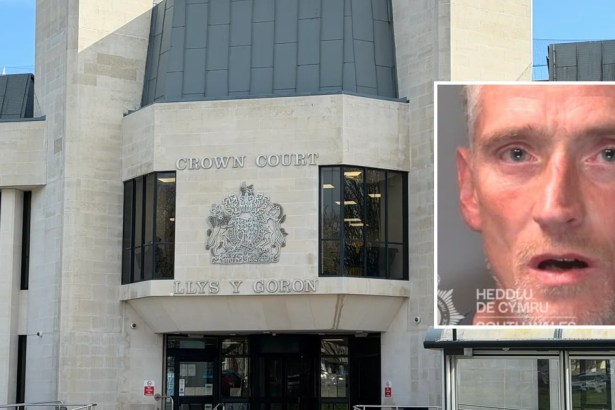 Composite image of Swansea Crown Court with an inset South Wales Police custody photograph of Kevin Harmon