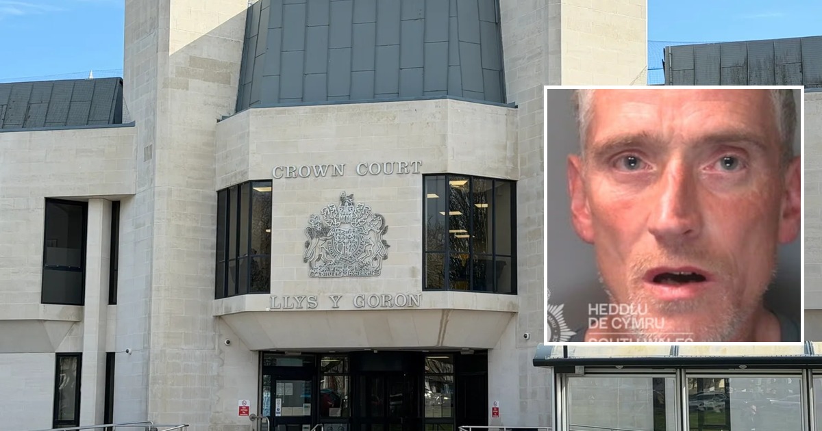 Composite image of Swansea Crown Court with an inset South Wales Police custody photograph of Kevin Harmon