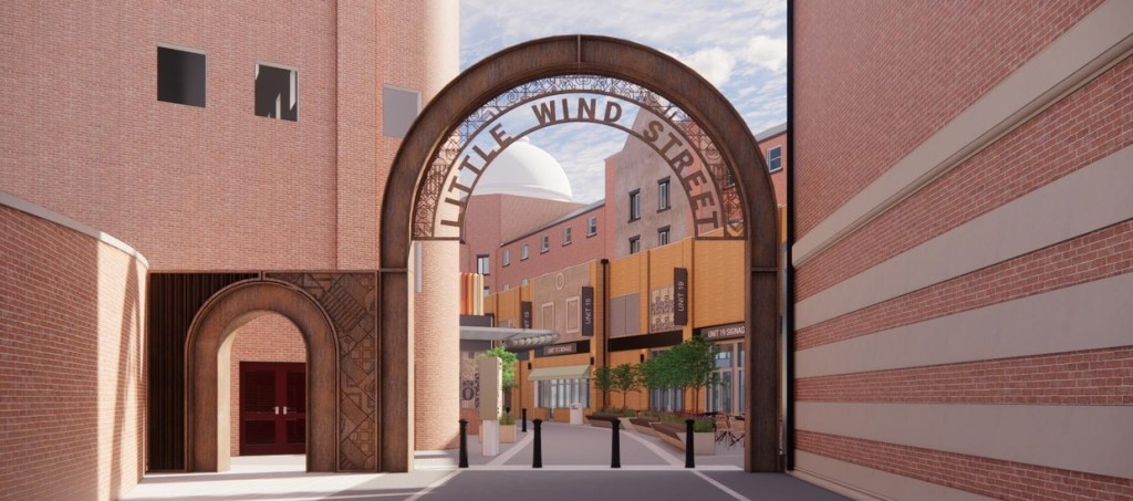 Side-by-side renders of two gateway arch designs: a solid stone-clad arch with a symbol panel on the left and an open corroded-steel arch with cut-out panels on the right