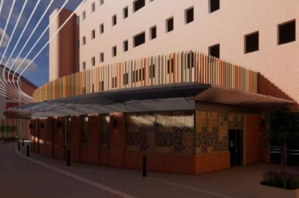 Architect's render of a single-storey building with a band of vertical coloured metal blades around its roofline, patterned panels below and strings of light overhead