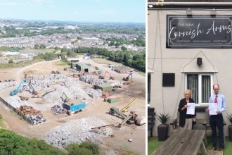 Aerial view of the AMG Resources waste site in Llanelli alongside a photo of Cllrs Louvain Roberts and Sean Rees holding petition papers outside the New Cornish Arms