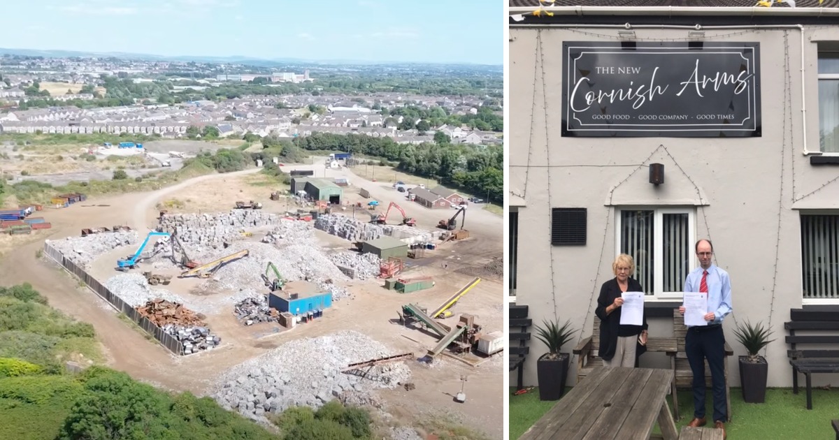 Aerial view of the AMG Resources waste site in Llanelli alongside a photo of Cllrs Louvain Roberts and Sean Rees holding petition papers outside the New Cornish Arms
