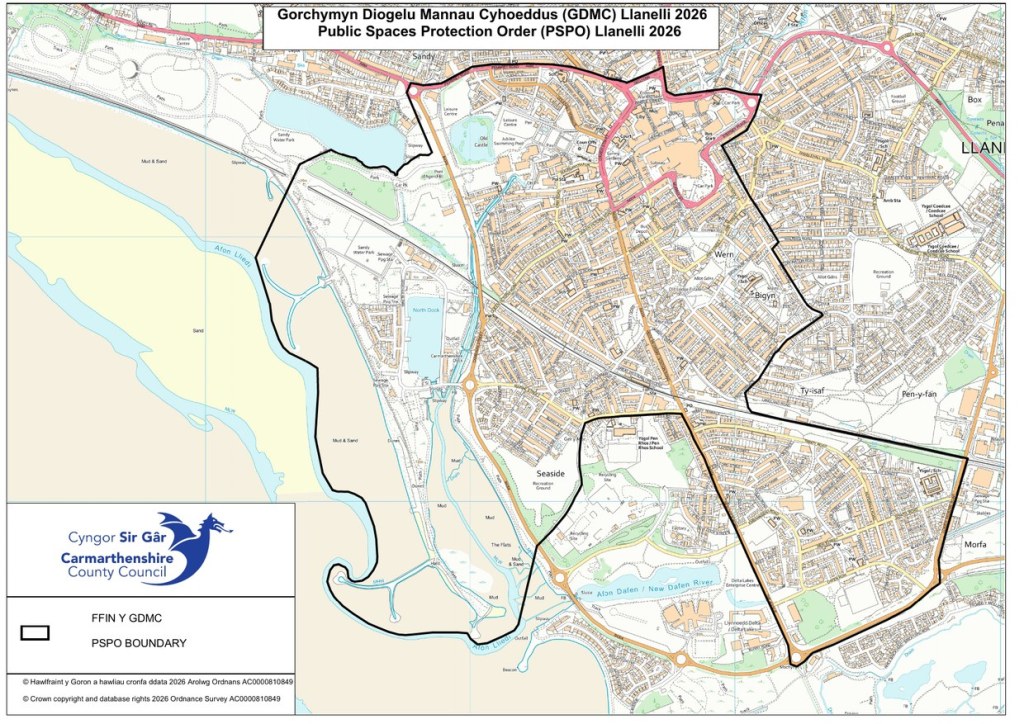 Map of Llanelli with a red boundary line around the town centre, Sandy, Bigyn, Tyisha, Seaside, North Dock and the Morfa covered by the proposed drugs and alcohol PSPO
