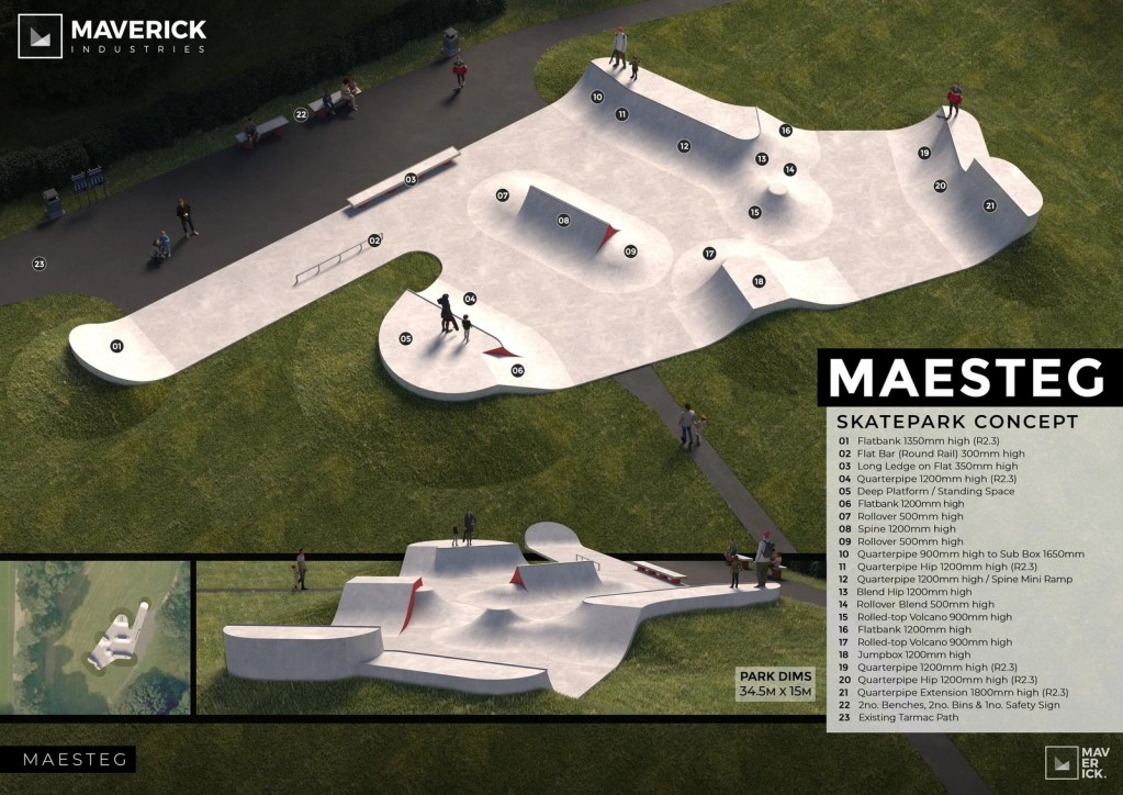 Maverick Skateparks concept board for the new Maesteg skatepark, with 23 numbered features including quarterpipes, a spine ramp, rollovers, volcanoes, a jumpbox and benches, and the park dimensions of 34.5m by 15m