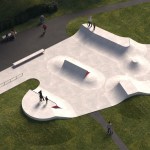 Artist's impression of the proposed concrete skatepark at Maesteg Welfare Park, showing a spine ramp, bowls, quarterpipes and a rail set in grass beside a tarmac path, with skaters and families around it