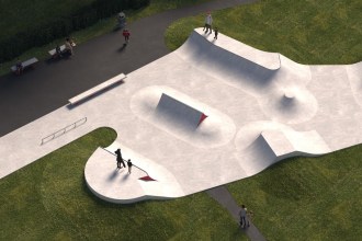 Artist's impression of the proposed concrete skatepark at Maesteg Welfare Park, showing a spine ramp, bowls, quarterpipes and a rail set in grass beside a tarmac path, with skaters and families around it