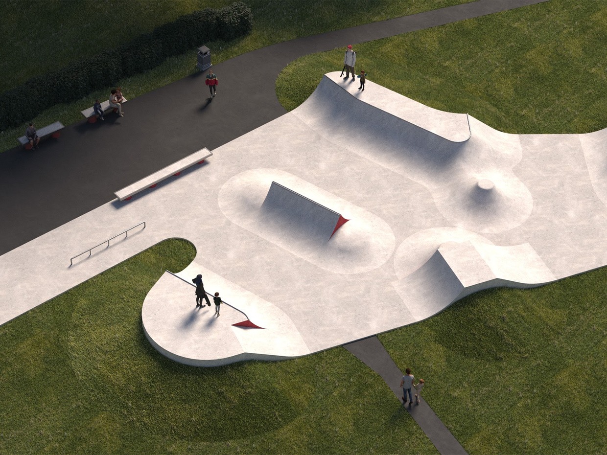 Artist's impression of the proposed concrete skatepark at Maesteg Welfare Park, showing a spine ramp, bowls, quarterpipes and a rail set in grass beside a tarmac path, with skaters and families around it
