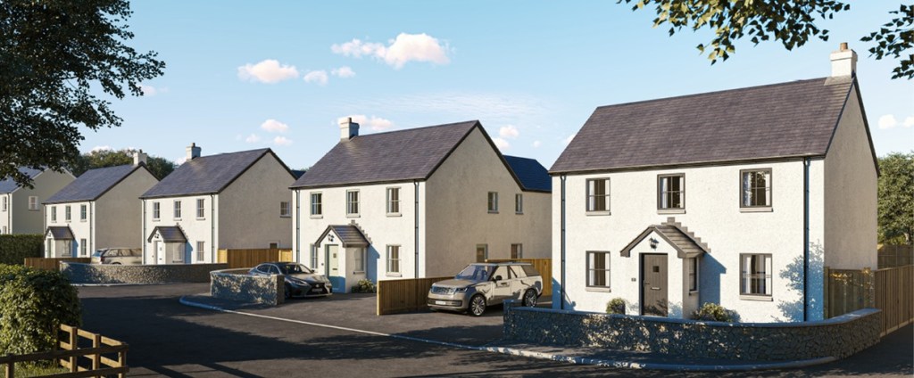 CGI of five white rendered detached houses with grey slate roofs and stone boundary walls around a new cul-de-sac