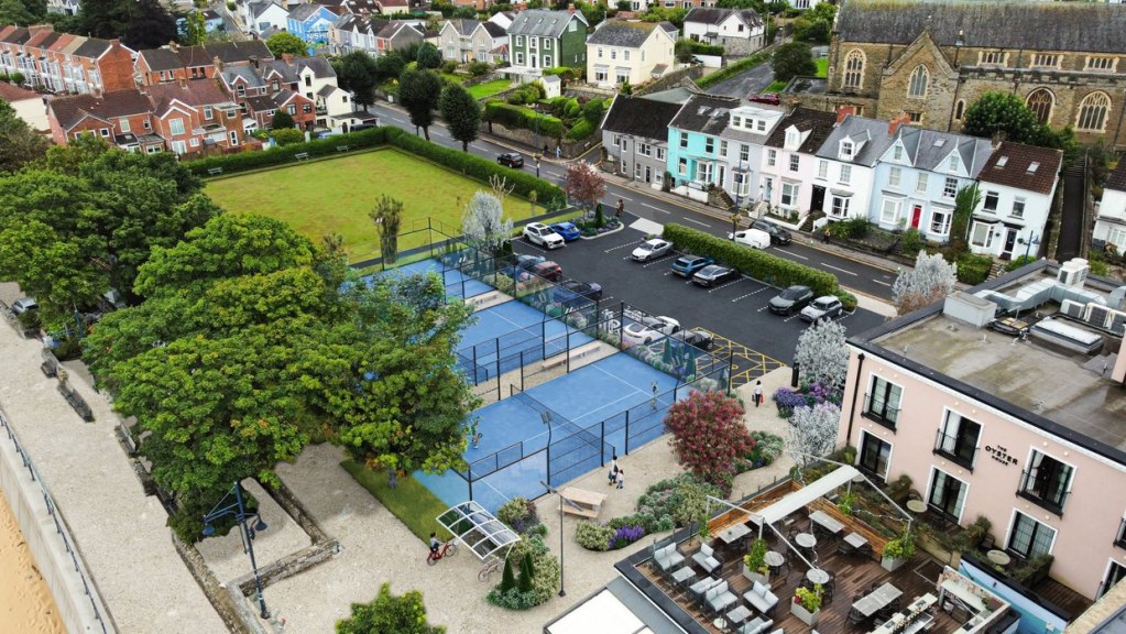 Aerial artist's impression of three blue padel courts beside Oystermouth bowling green, with a car park in front, the Oyster House on the right and the houses of Mumbles Road behind