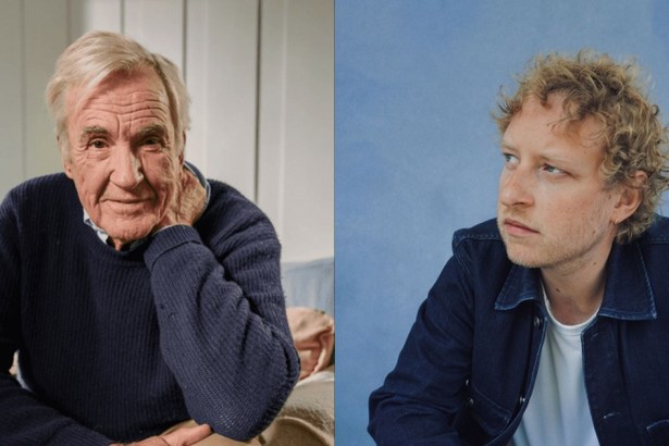 Side by side portraits of actor Larry Lamb in a navy jumper and jazz pianist Joe Webb in a denim jacket
