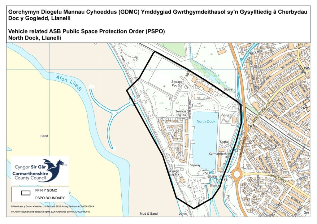 Map of Llanelli's North Dock with a red boundary line around the dock, car park and surrounding streets covered by the proposed vehicle PSPO