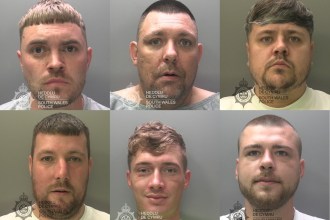 Custody photographs of the six jailed men: Sean McCabe, Michael Brain, Joshua Pope, Daniel Bryant, Jake Thomas and Steffan Hopkins