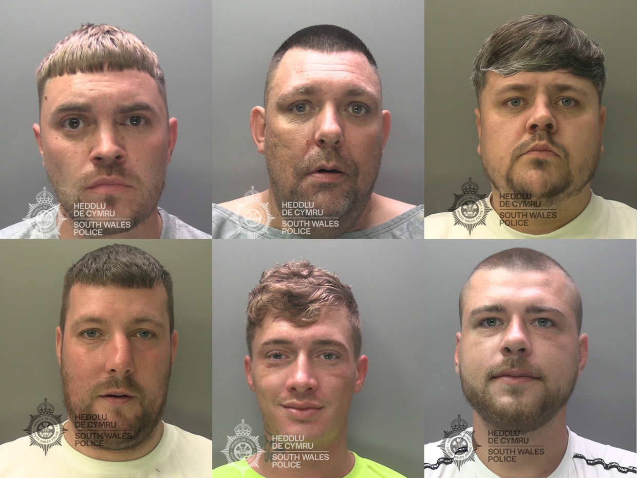 Custody photographs of the six jailed men: Sean McCabe, Michael Brain, Joshua Pope, Daniel Bryant, Jake Thomas and Steffan Hopkins