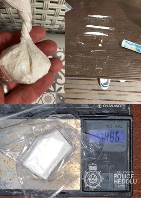 A wrap of white powder held in a hand, lines of powder on a table and a bag of cocaine on digital scales, released by South Wales Police
