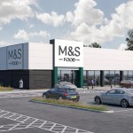 Computer-generated image of a white M&S Food store with a green entrance and cars in the car park in front
