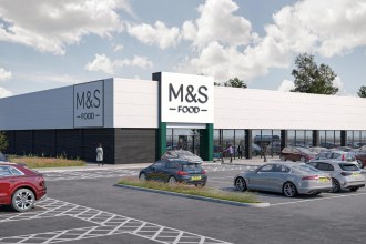 Computer-generated image of a white M&S Food store with a green entrance and cars in the car park in front