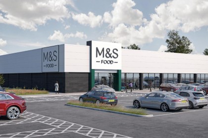 Computer-generated image of a white M&S Food store with a green entrance and cars in the car park in front