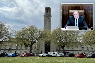 Swansea Guildhall's stone frontage and clock tower with an inset of council leader Rob Stewart speaking at a cabinet meeting