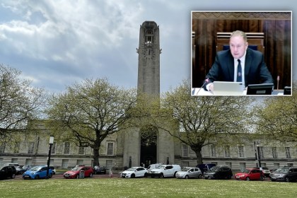 Swansea Guildhall's stone frontage and clock tower with an inset of council leader Rob Stewart speaking at a cabinet meeting