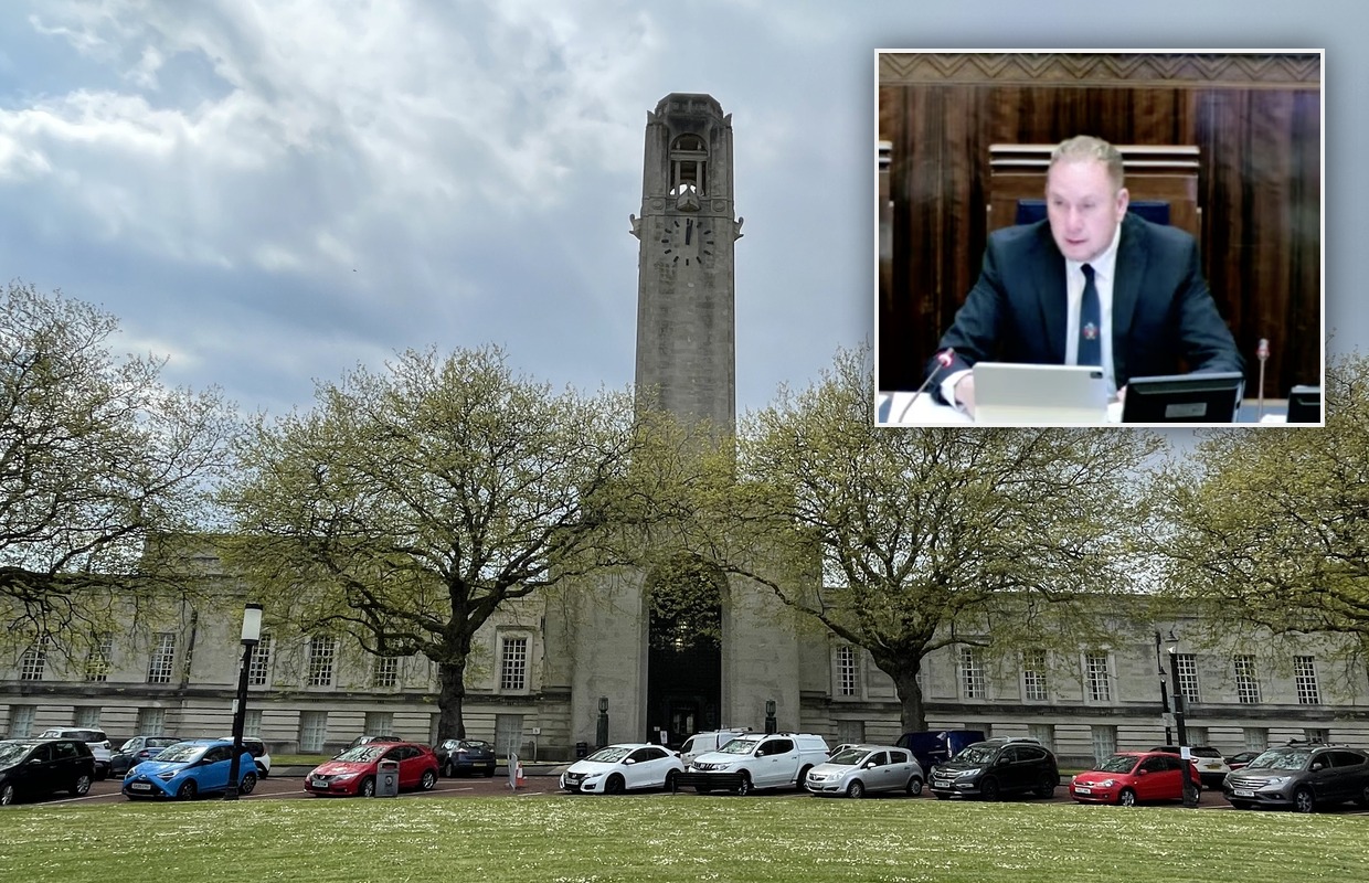 Swansea Guildhall's stone frontage and clock tower with an inset of council leader Rob Stewart speaking at a cabinet meeting