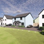 Computer-generated image of two-storey rendered homes in white and pale blue around a green, with cars parked on driveways