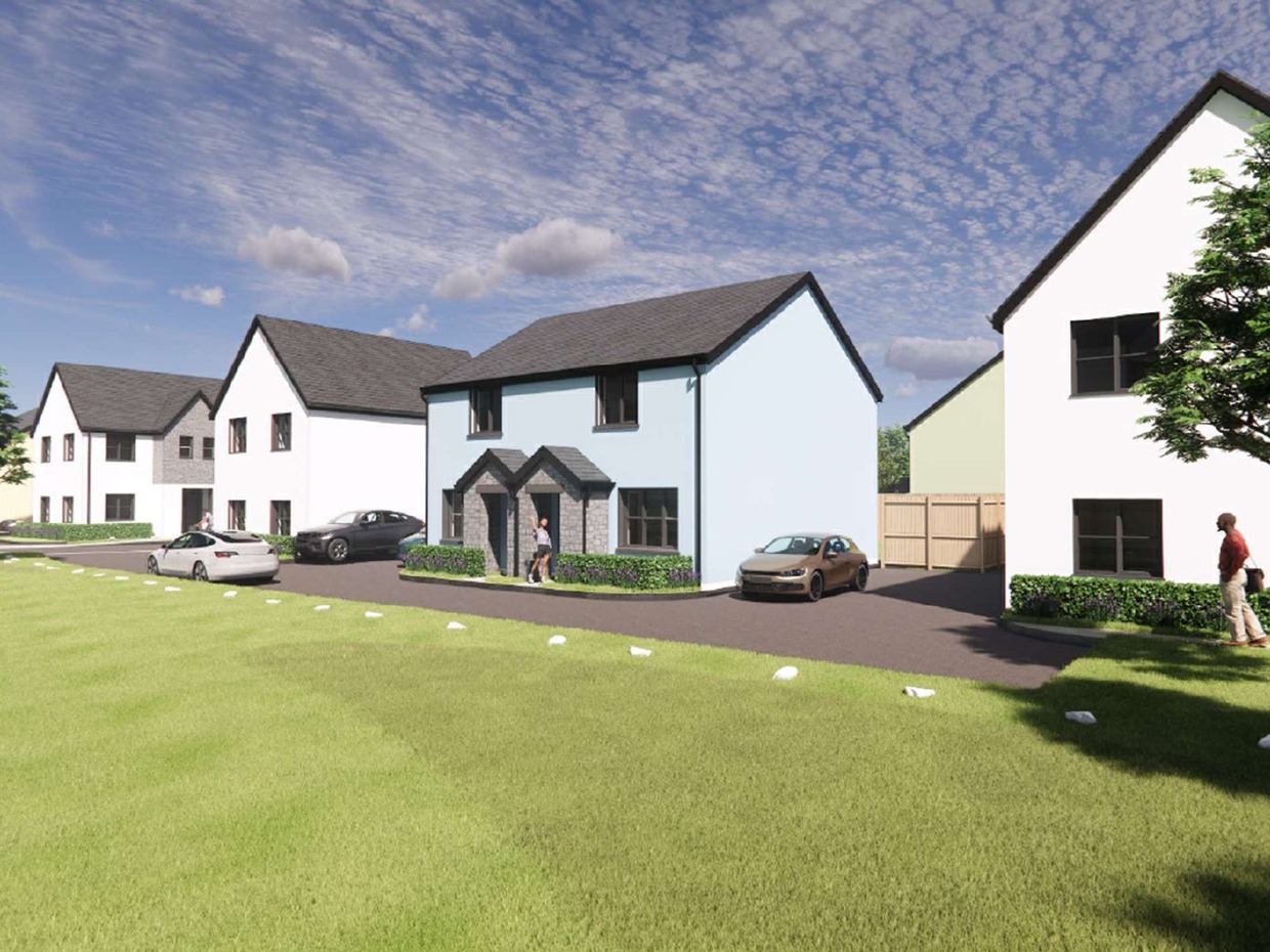 Computer-generated image of two-storey rendered homes in white and pale blue around a green, with cars parked on driveways