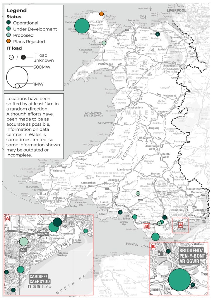 Map of Wales showing data centre locations as coloured circles sized by power capacity, clustered around Newport, Cardiff and Bridgend with others on Anglesey and in north Wales, plus a legend and accuracy note