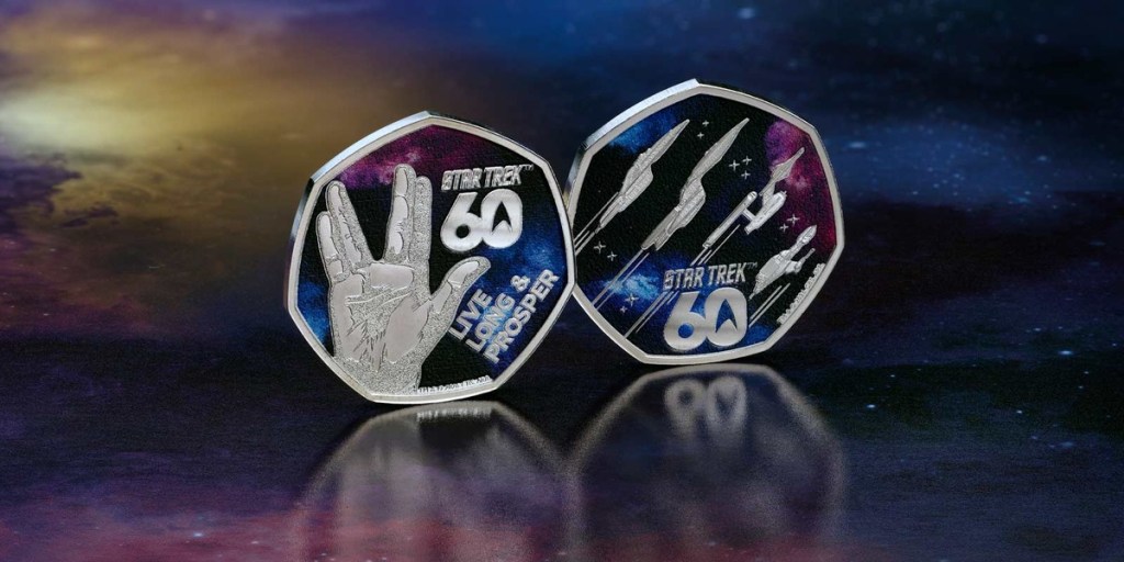 Rows of Star Trek 60th anniversary 50p coins showing the Vulcan salute and Live Long & Prosper design