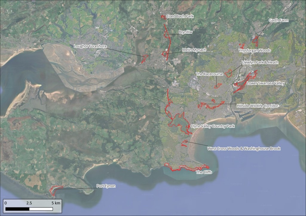 Satellite map of Swansea with 14 sites outlined in red and labelled, from Port Eynon and the Mumbles cliffs to Coed Bach Park in Pontarddulais and Garth Farm near Clydach