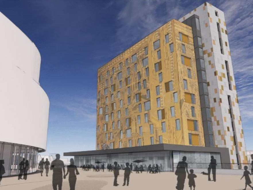 Artist's impression of a gold-clad hotel tower with a rooftop bar beside the white curved wall of Swansea Arena, with people walking in the square below