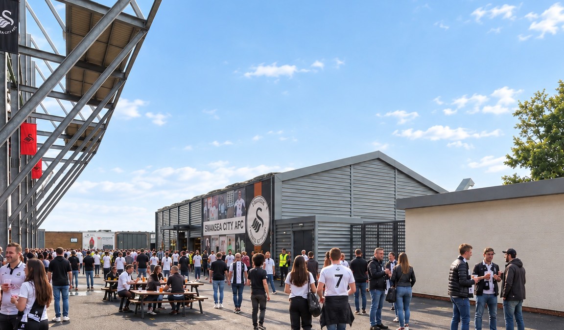 Artist's impression of supporters in Swansea City shirts outside a long grey-clad fan zone building with a club crest and player graphics, beside the stadium's white steel frame