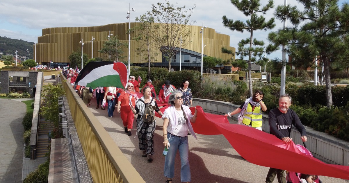 Marchers with placards and a Palestinian flag carrying the red banner past the gold-clad Swansea Arena, with a pram under the banner