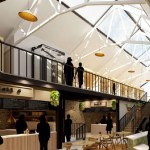 Artist's impression of a revamped Tenby Market Hall with food stalls, cafe seating and a first-floor mezzanine beneath a glazed roof