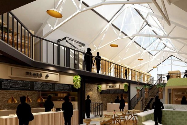 Artist's impression of a revamped Tenby Market Hall with food stalls, cafe seating and a first-floor mezzanine beneath a glazed roof