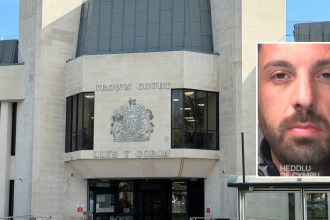 Composite image of Swansea Crown Court with an inset South Wales Police custody photograph of Terrence O'Connor