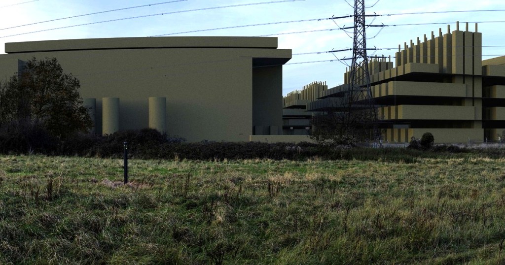 Photomontage showing large windowless data centre buildings and a multi-storey structure rising behind a hedgerow and rough grassland, with an electricity pylon between them