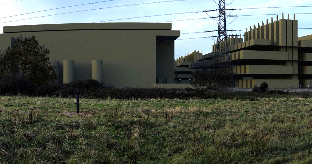 Photomontage showing large windowless data centre buildings and a multi-storey structure rising behind a hedgerow and rough grassland, with an electricity pylon between them
