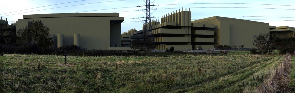 Wide panoramic photomontage of massed data centre buildings stretching across farmland behind a hedgerow, seen from a nearby public footpath