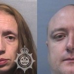 Police custody photographs of a woman with long hair and a bald man, side by side