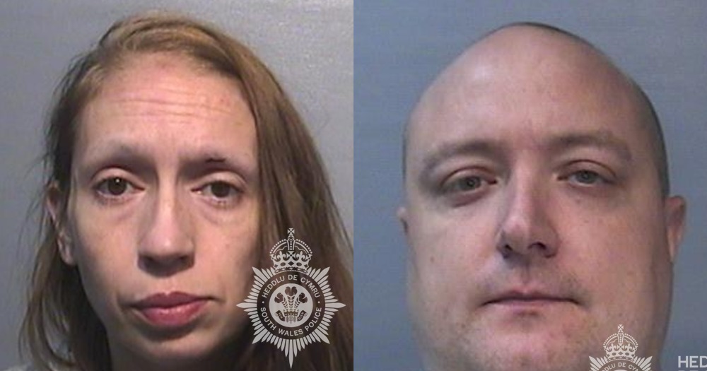 Police custody photographs of a woman with long hair and a bald man, side by side