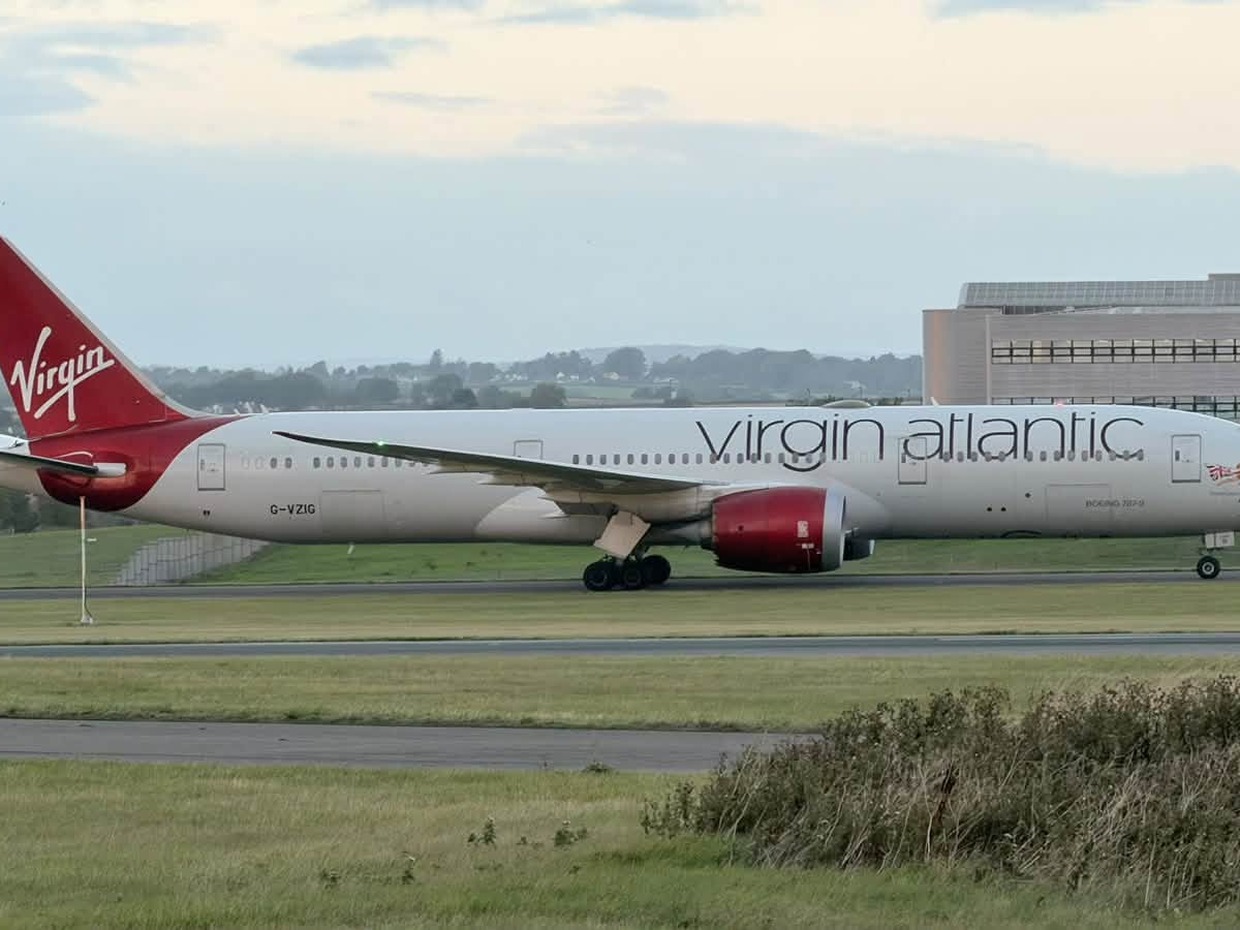 The diverted Virgin Atlantic Boeing 787-9 G-VZIG taxiing at Cardiff Airport after arriving from New York JFK