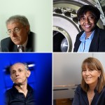Four-panel montage of portraits: a grey-haired man in glasses and a suit, a smiling woman sitting in front of a jet engine, a man in a dark shirt against a blue stage backdrop, and a smiling woman with shoulder-length hair in an office