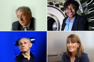 Four-panel montage of portraits: a grey-haired man in glasses and a suit, a smiling woman sitting in front of a jet engine, a man in a dark shirt against a blue stage backdrop, and a smiling woman with shoulder-length hair in an office