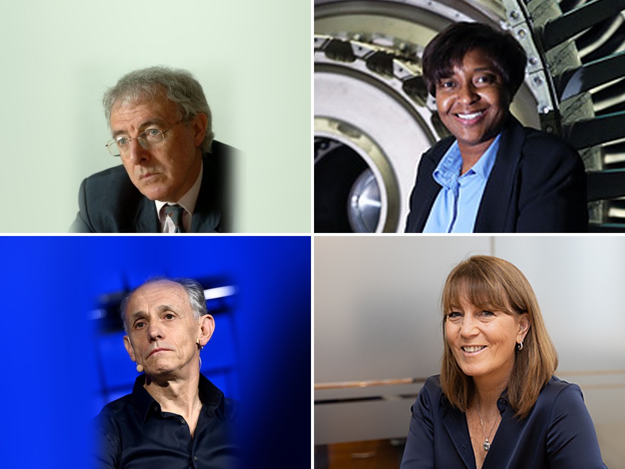 Four-panel montage of portraits: a grey-haired man in glasses and a suit, a smiling woman sitting in front of a jet engine, a man in a dark shirt against a blue stage backdrop, and a smiling woman with shoulder-length hair in an office