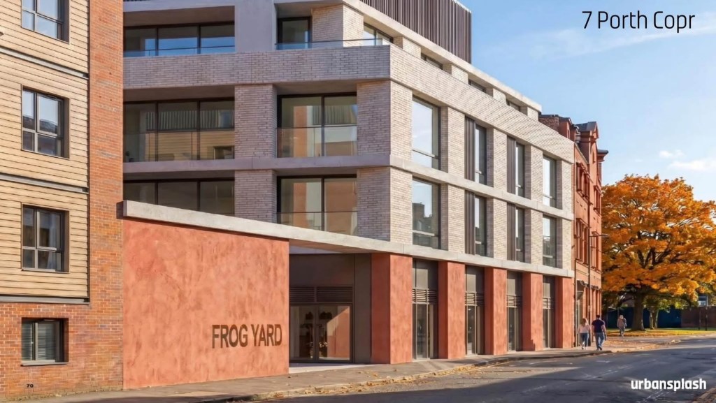 Artist's impression of a pale brick apartment block above a terracotta-red ground floor, with Frog Yard lettering on a wall beside the entrance